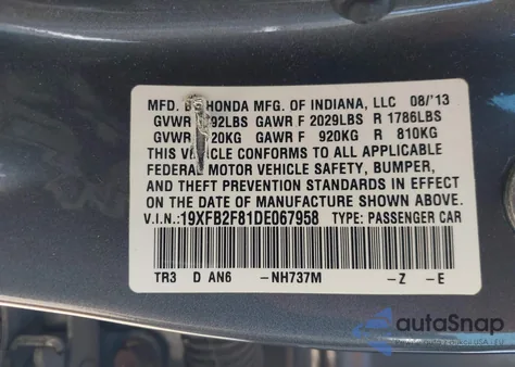 2013 Honda Civic Ex из США, поврежденный, VIN 19XFB2F81DE067958